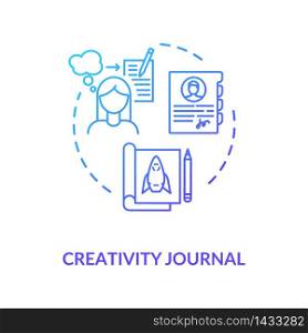Creativity journal concept icon. Personal growth, self perfection idea thin line illustration. Diary for generated ideas and accomplishments. Vector isolated outline RGB color drawing. Creativity journal concept icon