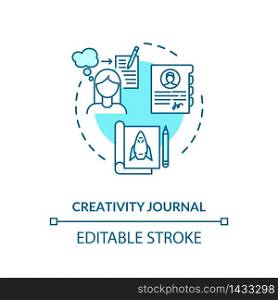Creativity journal concept icon. Personal growth, self perfection idea thin line illustration. Diary for generated ideas and accomplishments. Vector isolated outline RGB color drawing. Editable stroke. Creativity journal concept icon