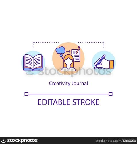 Creativity journal concept icon. Track thoughts in notepad. Personal diary. Brainstorming by free writing idea thin line illustration. Vector isolated outline RGB color drawing. Editable stroke. Creativity journal concept icon