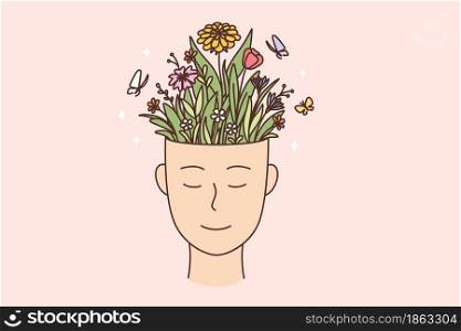 Creativity, personal development, individual growth concept. Human hand with smile and full of flowers blooming in pot vector illustration . Creativity, personal development, individual growth concept