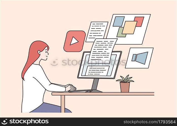 Creativity, remote work, freelance concept. Young smiling woman designer sitting working on computer looking at screens and documents illustration vector. Creativity, remote work, freelance concept