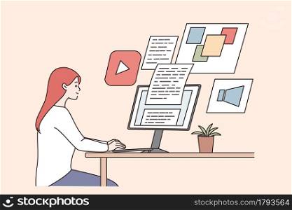 Creativity, remote work, freelance concept. Young smiling woman designer sitting working on computer looking at screens and documents illustration vector. Creativity, remote work, freelance concept