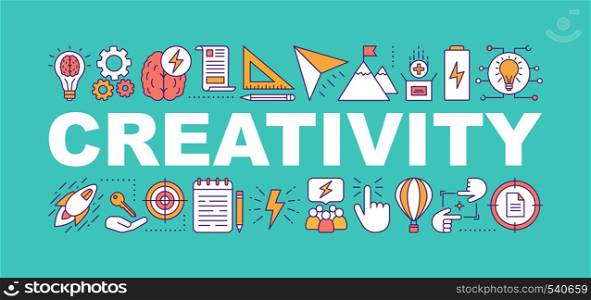Creativity word concepts banner. Ideas generation. Brainstorm. Isolated lettering typography idea with linear icons. Problem solving. Vector outline illustration. Creativity word concepts banner