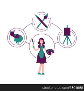 Creator archetype flat concept vector illustration. Female painter 2D cartoon character for web design. Artistic hobby. Girl with oil paint, brushes and easel. Artist personality type creative idea. Creator archetype flat concept vector illustration