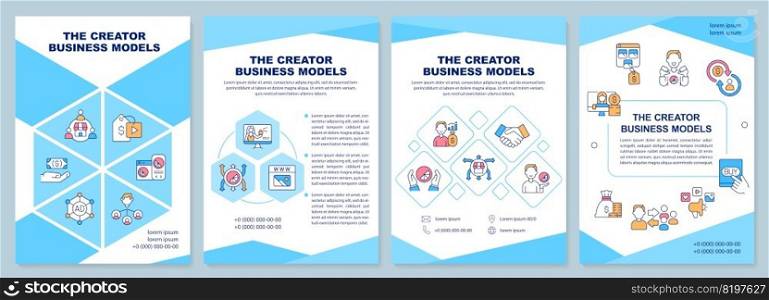 Creator business models blue brochure template. Leaflet design with linear icons. Editable 4 vector layouts for presentation, annual reports. Arial-Black, Myriad Pro-Regular fonts used. Creator business models blue brochure template