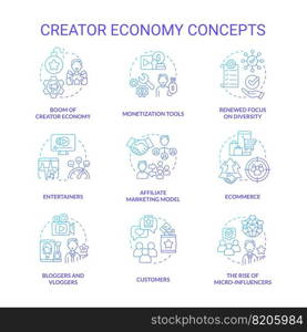 Creator economy blue gradient concept icons set. Content maker. Digital marketing. E commerce idea thin line color illustrations. Isolated symbols. Roboto-Medium, Myriad Pro-Bold fonts used. Creator economy blue gradient concept icons set