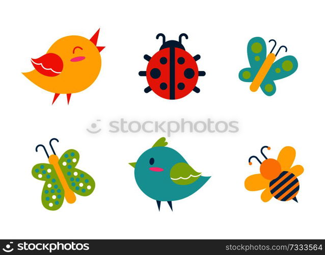 Creatures collection birds and ladybug, bee and butterflies, with colorful wings. creatures set, vector illustration isolated on white background. Creatures Collection Birds Vector Illustration