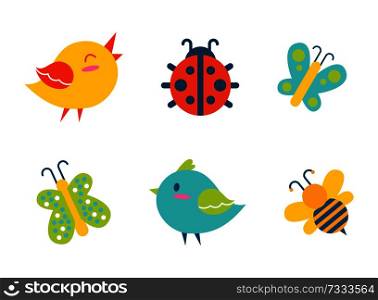 Creatures collection birds and ladybug, bee and butterflies, with colorful wings. creatures set, vector illustration isolated on white background. Creatures Collection Birds Vector Illustration