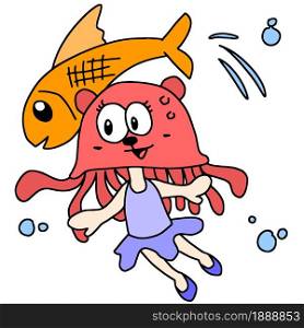 creatures in water swimming with fish. cartoon illustration sticker mascot emoticon