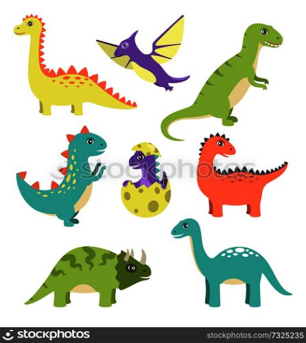 Creatures types of dinosaurs, dinosaurs with spikes, wigs and long tails, egg and small dinosaur vector illustration isolated on white background. Creatures Types of Dinosaurs Vector Illustration