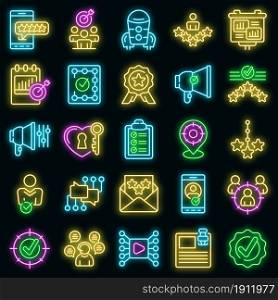 Credibility icons set. Outline set of credibility vector icons neon color on black. Credibility icons set vector neon