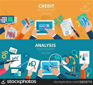 Credit and analysis horizontal banner set with hands holding business objects isolated vector illustration. Credit Analysis Banner Set
