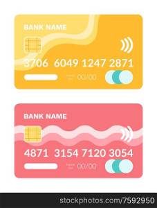 Credit and debit card vector, isolated icon of plastic item with numbers and special code, financial object to pay and shopping, finance and capital. Credit Card with Number and Code Plastic Item