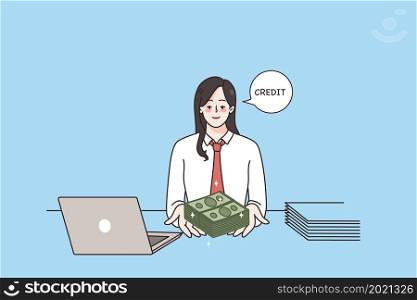 Credit approval and finance concept. Smiling woman bank worker sitting at laptop and giving money credit to client looking at camera vector illustration . Credit approval and finance concept.