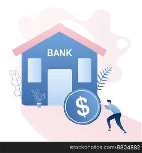 Credit burden,man rolls a coin into the bank,loan payment,male character,trendy style vector illustration
