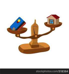 Credit card and house on scales icon in cartoon style on a white background. Credit card and house on scales icon