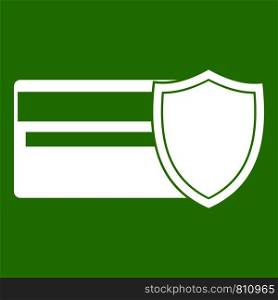 Credit card and shield icon white isolated on green background. Vector illustration. Credit card and shield icon green