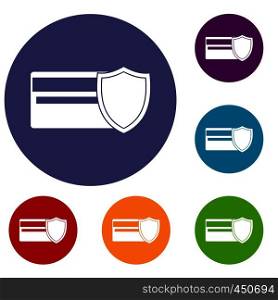 Credit card and shield icons set in flat circle reb, blue and green color for web. Credit card and shield icons set