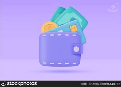 Credit card and wallet 3D icons.Online payment Cashless society for shopping. 3D illustration.