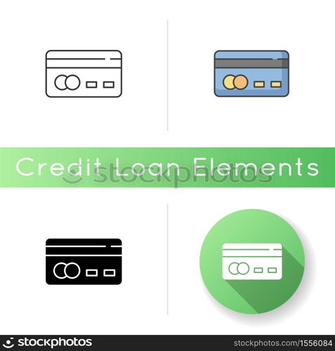 Credit card back icon. Online payment. Internet shopping. Cashless money transfer. Financial service, economic operation. Linear black and RGB color styles. Isolated vector illustrations. Credit card back icon