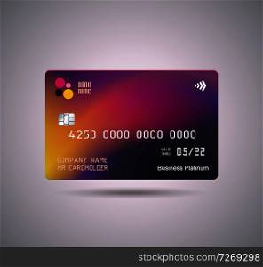 Credit card bright purple design with shadow. Detailed abstract glossy credit card concept for business, payment history, shopping malls, web, print.
