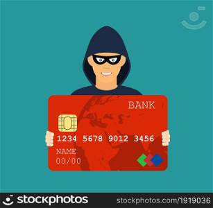 Credit card data phishing, hacker attack. Thief hacker in mask stealing Credit card data. Vector illustration in flat design. Credit card data phishing, hacker attack