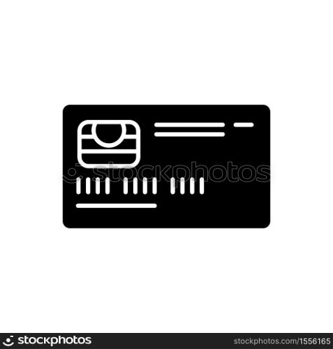 Credit card front black glyph icon. Online payment. Deposit card with chip. Internet shopping. Contactless payment. Banking service. Silhouette symbol on white space. Vector isolated illustration. Credit card front black glyph icon