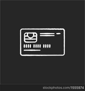 Credit card front chalk white icon on black background. Online payment. Deposit card with chip. Internet shopping. Cashless money transfer. Banking service. Isolated vector chalkboard illustration. Credit card front chalk white icon on black background