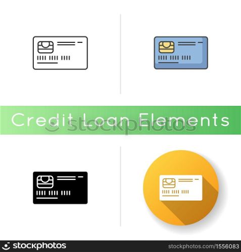 Credit card front icon. Online payment. Deposit card with chip. Internet shopping. Contactless payment. Banking service. Linear black and RGB color styles. Isolated vector illustrations. Credit card front icon