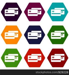 Credit card icon set many color hexahedron isolated on white vector illustration. Credit card icon set color hexahedron