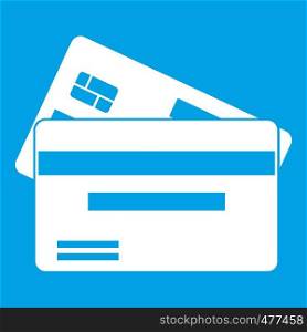 Credit card icon white isolated on blue background vector illustration. Credit card icon white