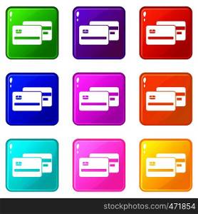 Credit card icons of 9 color set isolated vector illustration. Credit card icons 9 set