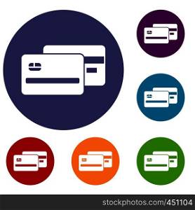 Credit card icons set in flat circle reb, blue and green color for web. Credit card icons set
