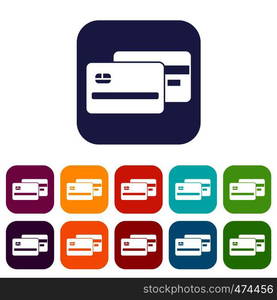 Credit card icons set vector illustration in flat style In colors red, blue, green and other. Credit card icons set