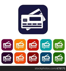 Credit card icons set vector illustration in flat style in colors red, blue, green, and other. Credit card icons set