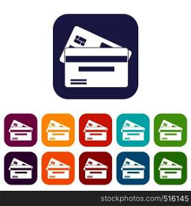 Credit card icons set vector illustration in flat style in colors red, blue, green, and other. Credit card icons set