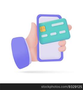 Credit card in phone. 3d illustration. Cashless society concept. online shopping with mobile phone