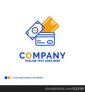 credit card, money, currency, dollar, wallet Blue Yellow Business Logo template. Creative Design Template Place for Tagline.