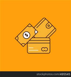 credit card, money, currency, dollar, wallet Flat Line Filled Icon. Beautiful Logo button over yellow background for UI and UX, website or mobile application. Vector EPS10 Abstract Template background