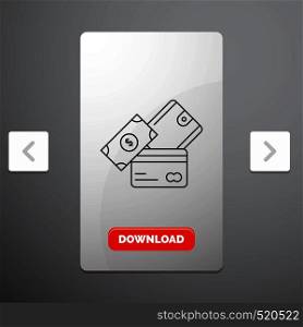 credit card, money, currency, dollar, wallet Line Icon in Carousal Pagination Slider Design & Red Download Button. Vector EPS10 Abstract Template background