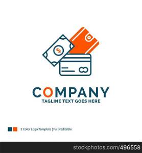 credit card, money, currency, dollar, wallet Logo Design. Blue and Orange Brand Name Design. Place for Tagline. Business Logo template.