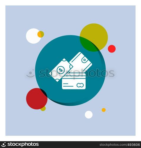 credit card, money, currency, dollar, wallet White Glyph Icon colorful Circle Background. Vector EPS10 Abstract Template background