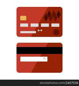 Credit card on both sides on a white background. Red plastic bank card.. Credit card on both sides on a white background.