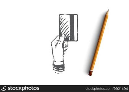 Credit, card, payment, commerce, banking concept. Hand drawn credit card in human’s hand concept sketch. Isolated vector illustration.. Credit, card, payment, commerce, banking concept. Hand drawn isolated vector.