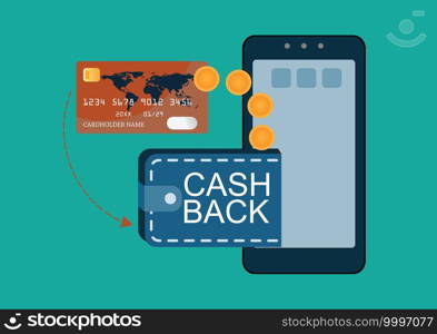 Credit card payments with Cash back on money bag with phone in hand and gold dollar coins, electronic transactions and cashback vector illustration.