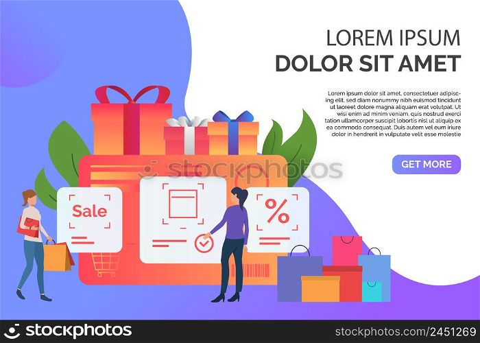 Credit card, purchases and women presentation vector illustration. Online shopping, promotion, sale. Shopping concept. Creative design for website templates, posters, presentations