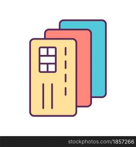Credit card RGB color icon. Payment option. Online shopping. Money management. Cardholder. Excessive buying and consumerism leads to debts. Isolated vector illustration. Simple filled line drawing. Credit card RGB color icon