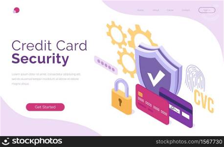 Credit card security banner. Concept of protection online payments and money from fraud and mobile scam. Vector landing page with isometric banking cards, shield and padlock. Vector banner of credit card security