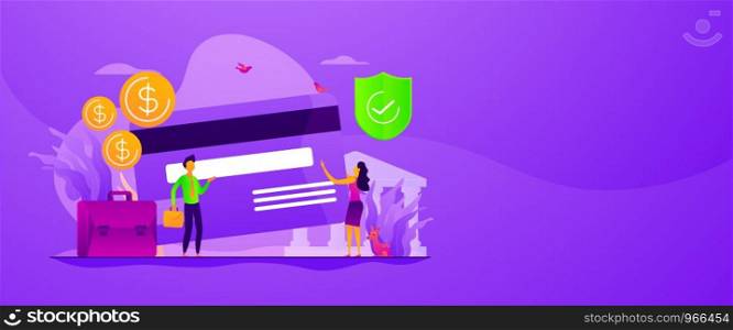 Credit card security, protecting financial savings. Monthly pay, salary, budget. Personal bank account, savings bank deposit, fixed rate loan concept. Header or footer banner template with copy space.. Bank account web banner concept
