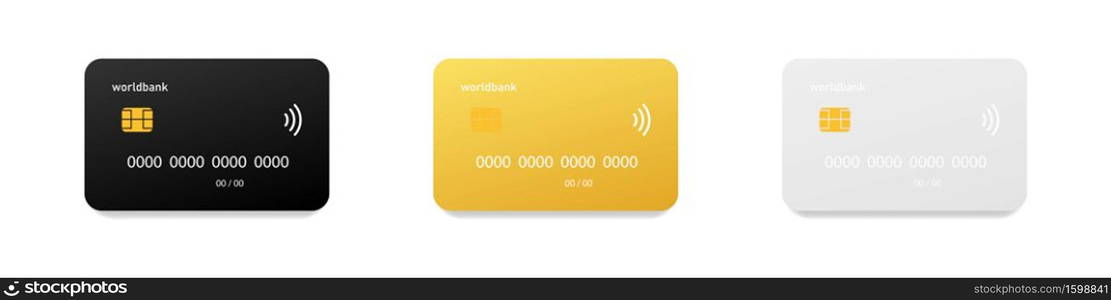 Credit card set. Vector illustration. Black gold and silver credit card.